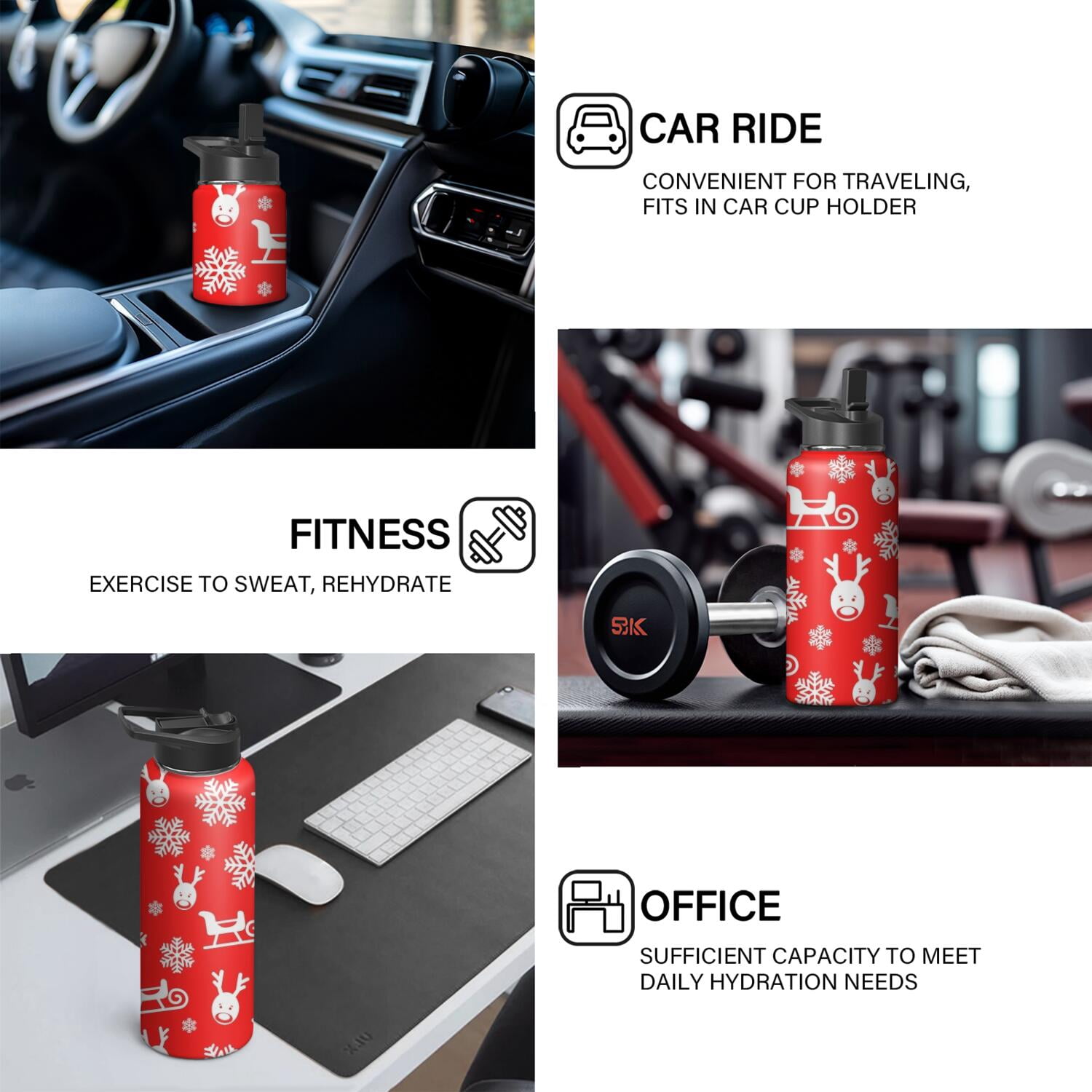 Christmas 18 oz Insulated Stainless Steel Water Bottle with Straw & Cleaning Brush , Leakproof, BPA-Free, 304 Stainless Steel, Wide Mouth, Travel Mug for Car, Gym, Office