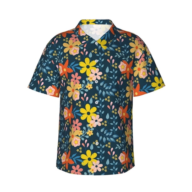 Fotbe Blue Floral Camisa Hawaiana para Hombre Unisex – Camisa Casual de Verano con Botones de Manga Corta de Algodón y Lino,XX-Large