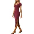 thumbnail image 4 of MODA NOVA Ribbed-Knit Dress Juniors Round Neck Short Sleeves Side Slit Midi Dresses, 4 of 5