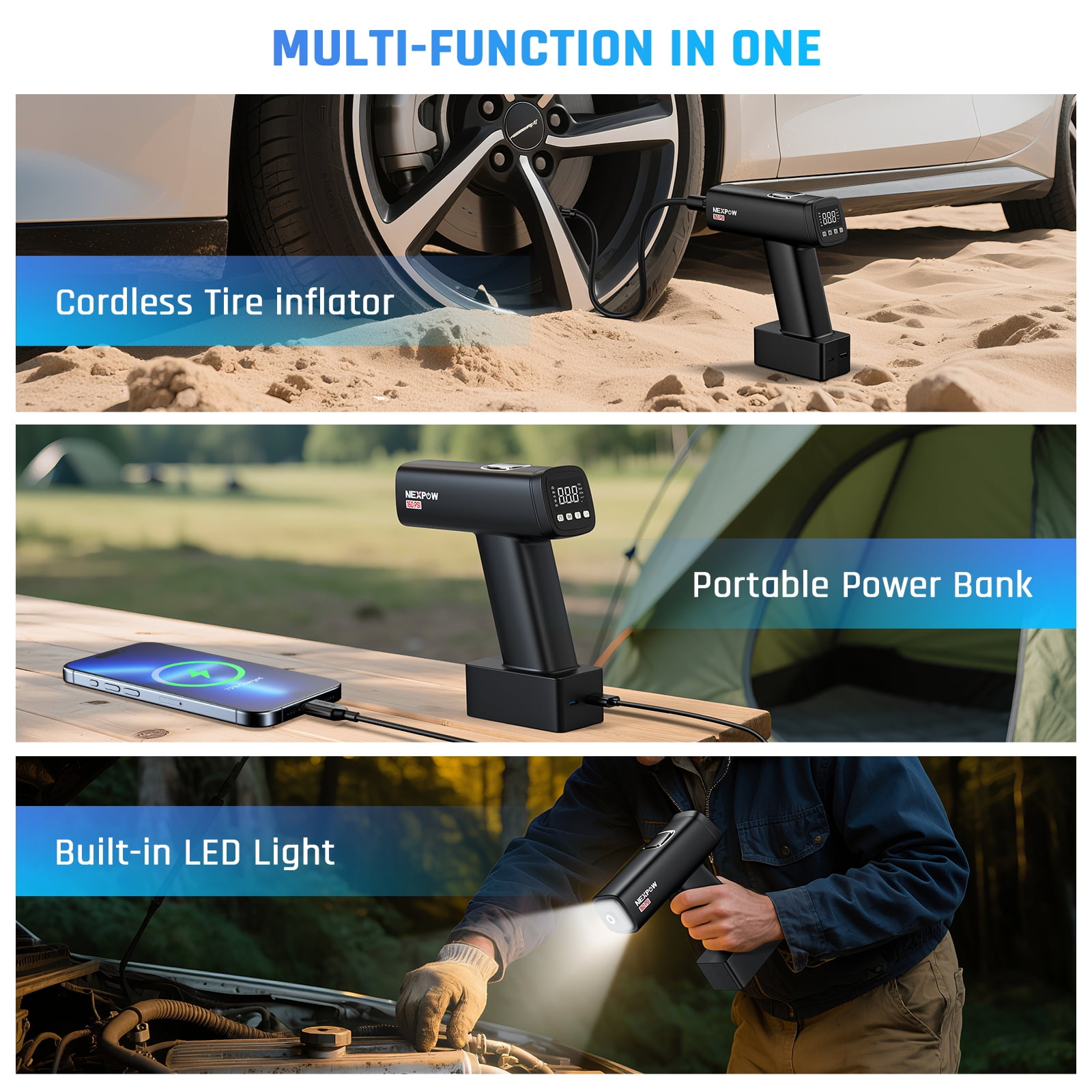 NEXPOW Cordless Tire Inflator, 160 PSI Air Pump for Car Tires, Portable Rechargeable Tire Pump with Digital Pressure Gauge, Auto Shut-Off & LED Light