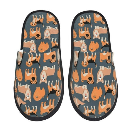 Balery Corgi Collie Pug Slient Indoor Furry Fleece Comfort House Shoes Soft Non-Slip Home Shoes Cotton slippers House Slippers-- Large