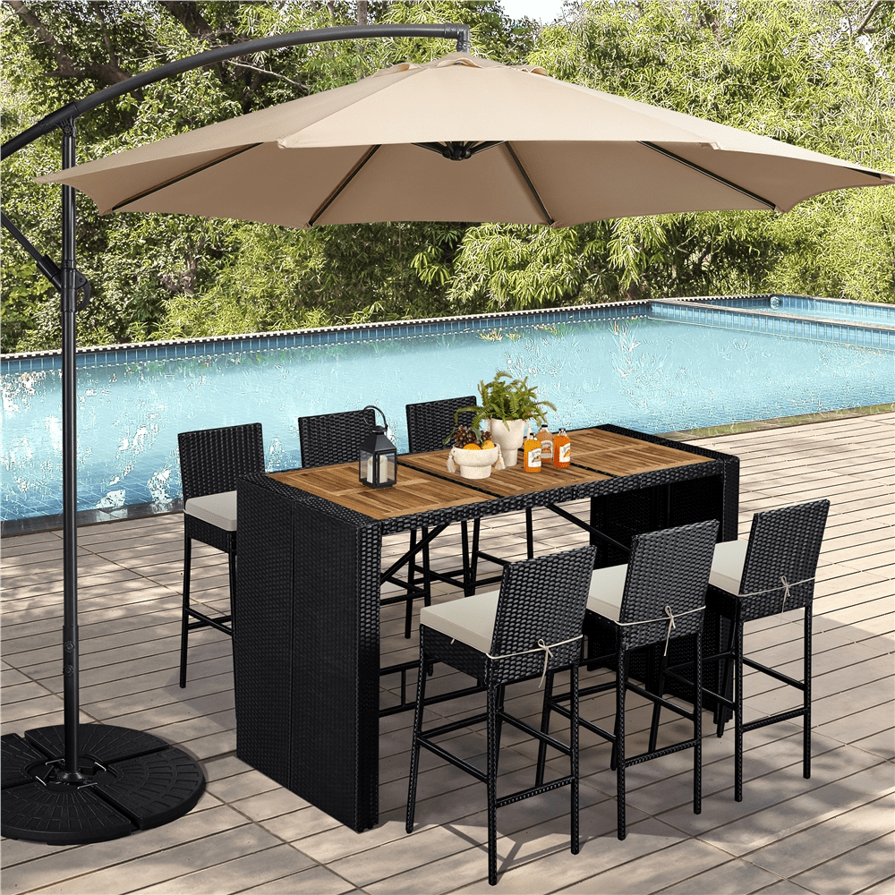 Renwick 7-Piece Outdoor Bar Table and Chairs Set with Wood Top and Cushions, Black/Beige