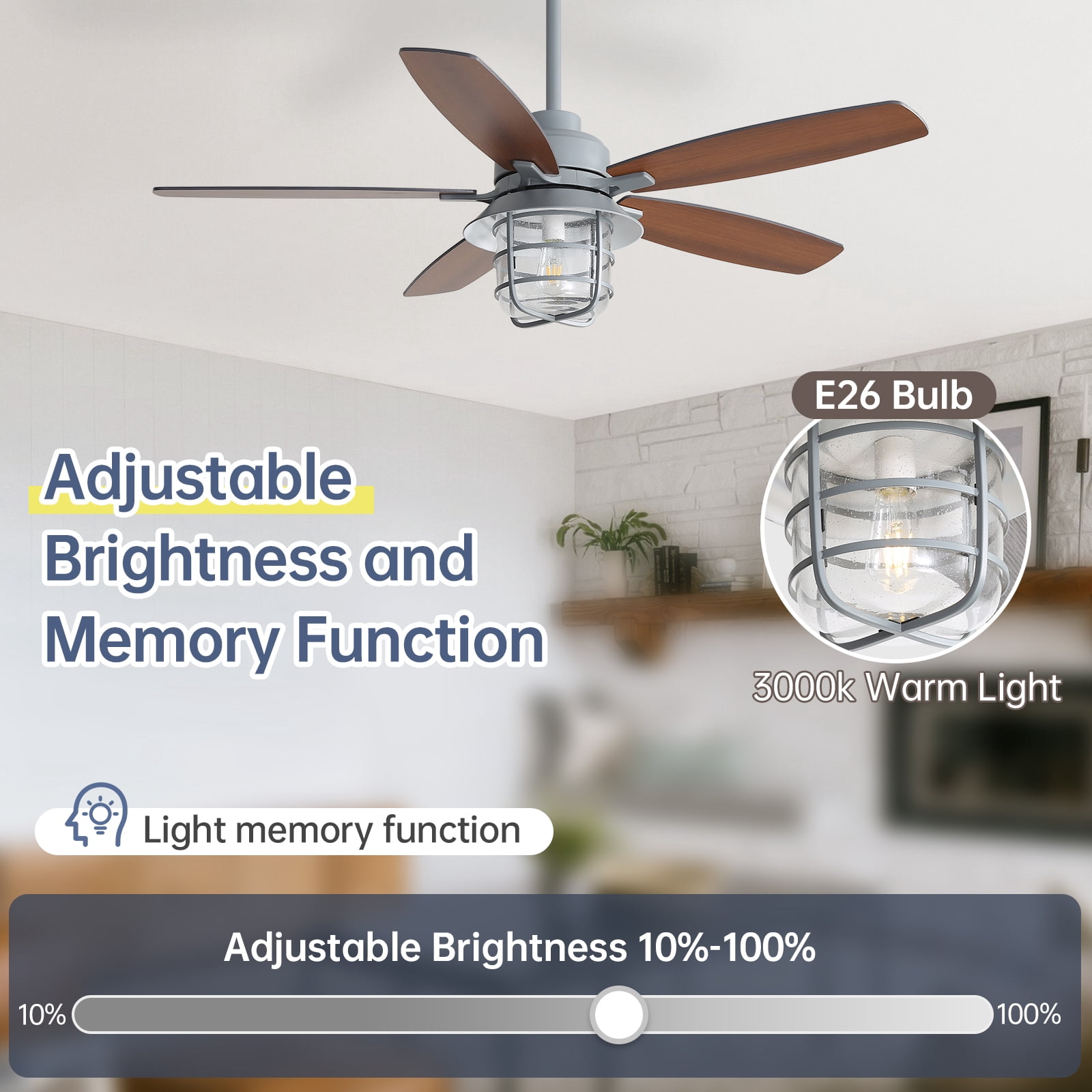 Sofucor 52 inch Ceiling Fan with Light 5 Wood blads with 2 colors, Dimmable, Reversible, Quiet Motor