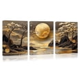 thumbnail image 3 of 3pcs Golden Sunset Mountain Landscape Canvas Wall Art - Ready to Hang, Wooden Frame, Dramatic Sky with Cherry Blossoms & Moon, Ideal for Living Room, Bedroom, Office Decor, Bedroom Wall Decor|Serene, 3 of 4