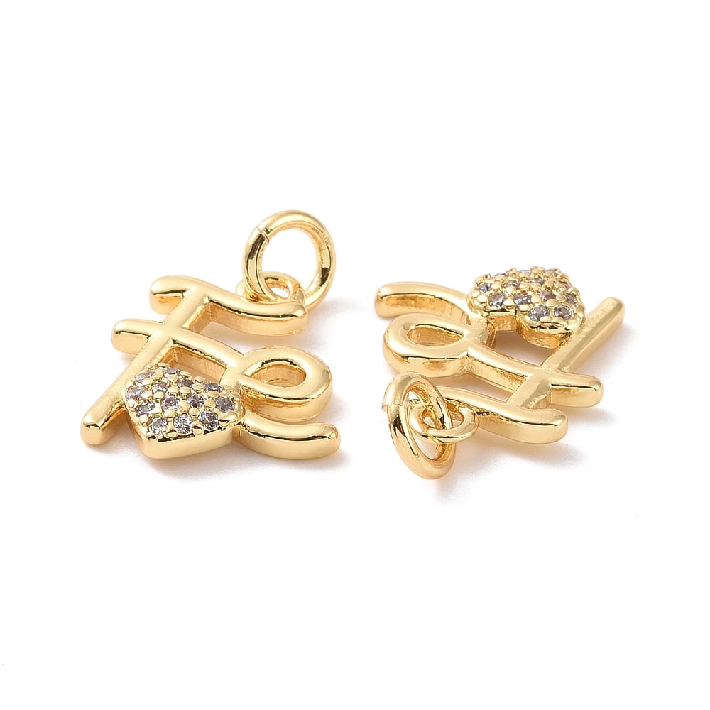 20pc Rack Plating Brass Micro Pave Clear Cubic Zirconia Charms Cadmium Free & Lead Free Word FE with Heart 13.5x13x2.5mm Jump Ring: 5x1mm