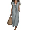 thumbnail image 2 of Women's Collared Button Down Maxi Shirt Dress, Long Sleeve Split Hem Solid Color Casual Long Dress for Spring Summer Daily Vacation Wear 09-Gray M, 2 of 5