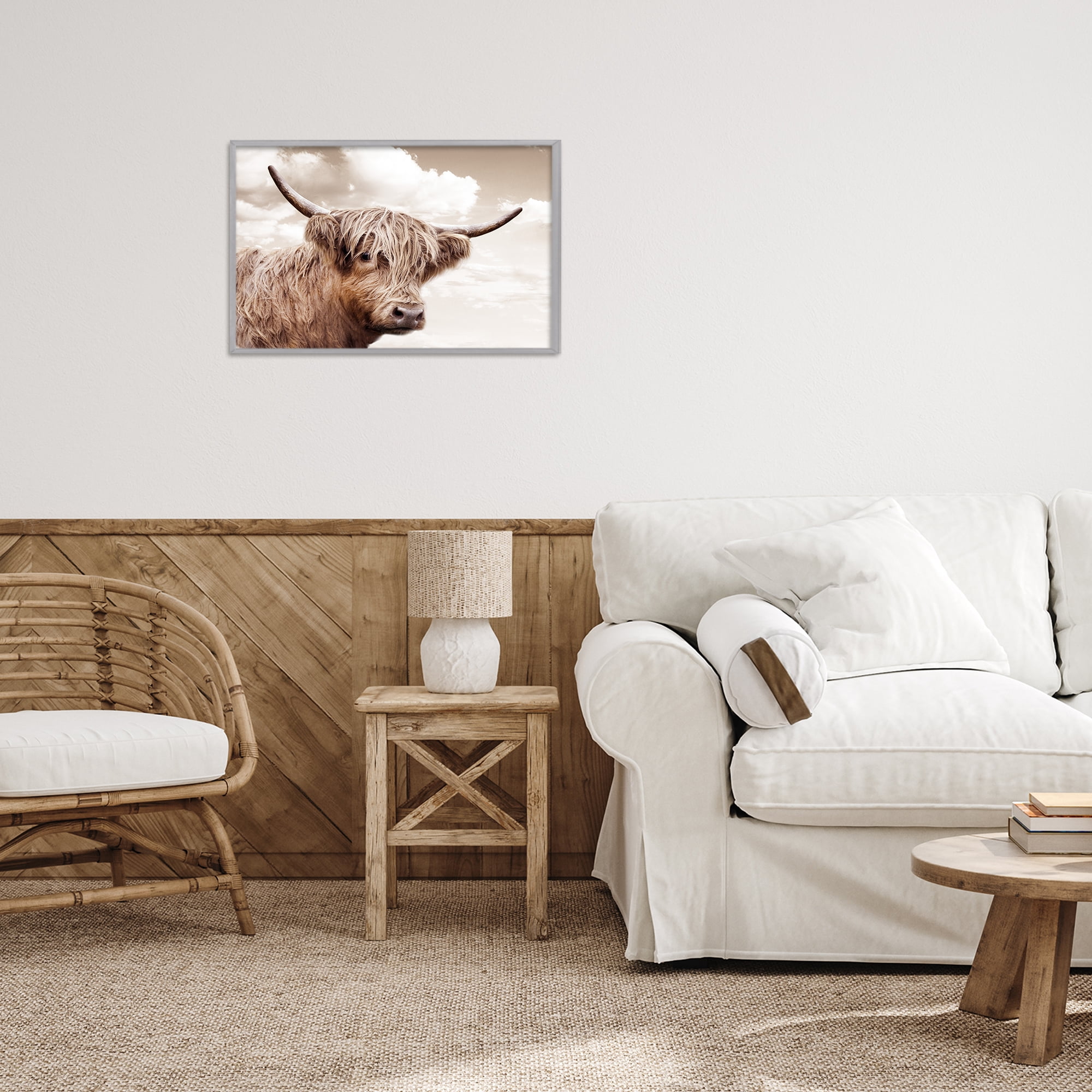 Stupell Industries Shaggy Highland Cow & Clouds Gray Framed Giclee Art, design by CAD Designs