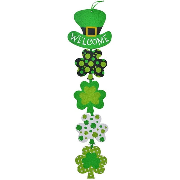 Lucky St Patricks Day Shamrock Glitter Hanging Door Plaque Sign with Leprechaun Welcome Hat â€“ Vertical Dangling Irish Clover Home Decor â€“ Saint Paddys Wall Decoration