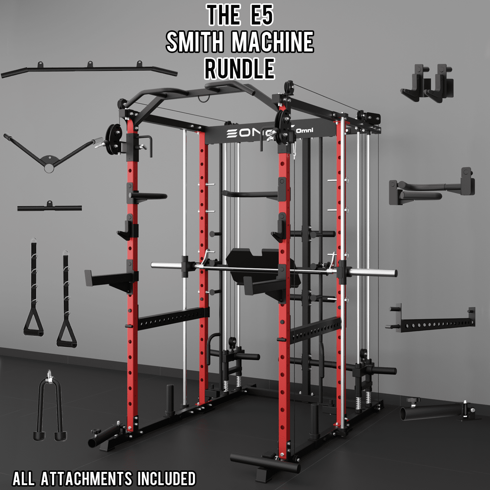 Eonfit E5 Smith Machine with Vertical Leg Press, Power Cage Squat Rack with LAT-Pull Down Cable Crossover Rotating Arms System Home Gym Equipment All in One (E5  RED）)