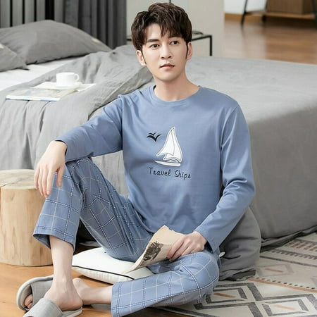 

QWZNDZGR Big M-4XL Spring Autumn HQ Cotton Gentleman Men Pyjamas Men s Pajamas Sets Sleepwear Pyjamas Nightwear Suits Pijamas Homewear PJ