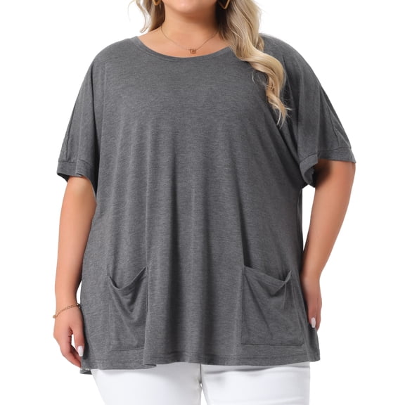 DARING DIVA Women's Plus Crew Neck Loose Fit T Shirt with Pocket Casual 1X Grey
