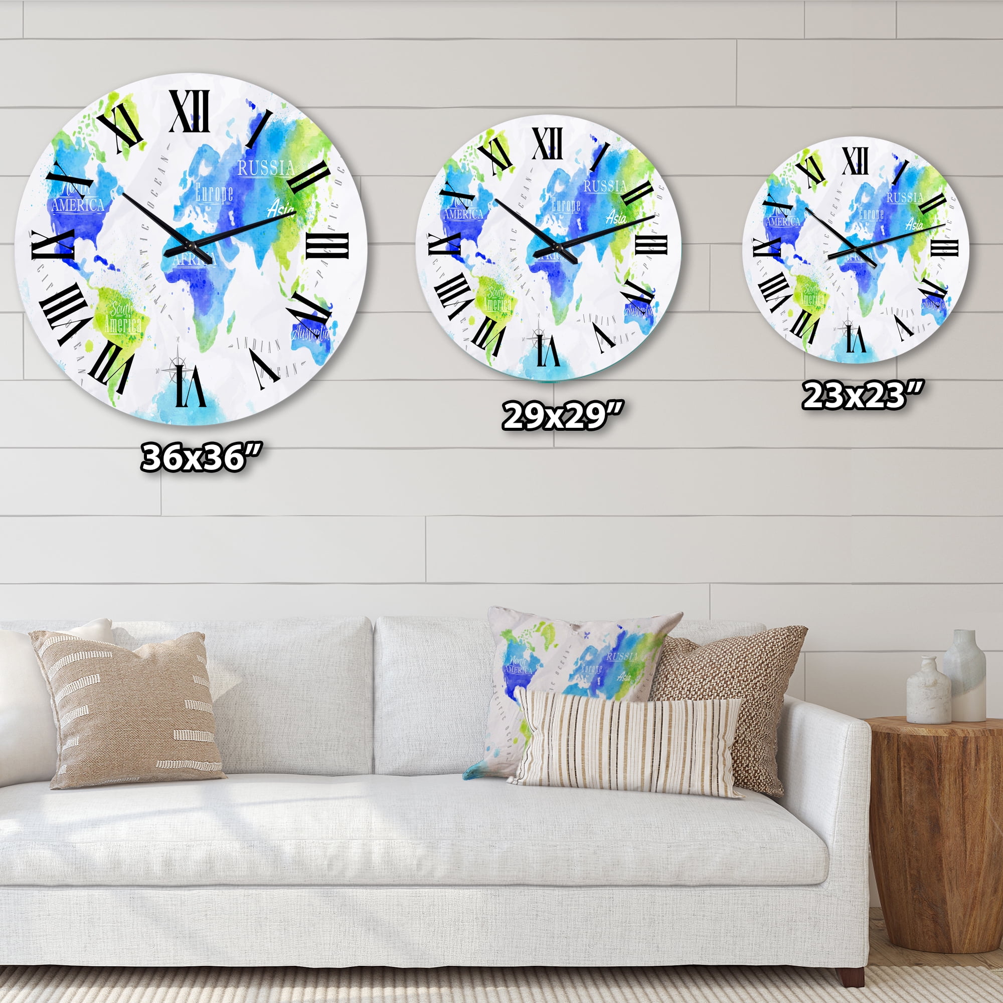 Designart 'World Map In Green And Blue' Modern Wall Clock