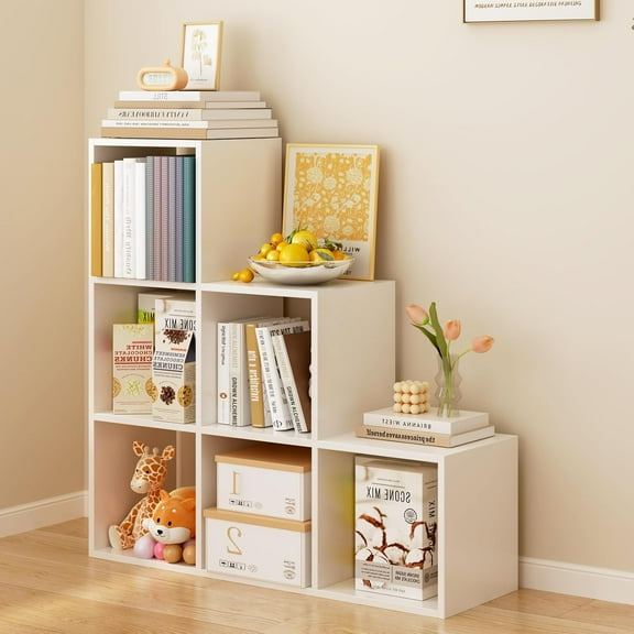 Ladder Cube Storage Bookcase - Wooden L-Shaped 3-Tier Corner Shelf, Reversible 6-Cube Organizer for  & Office, White