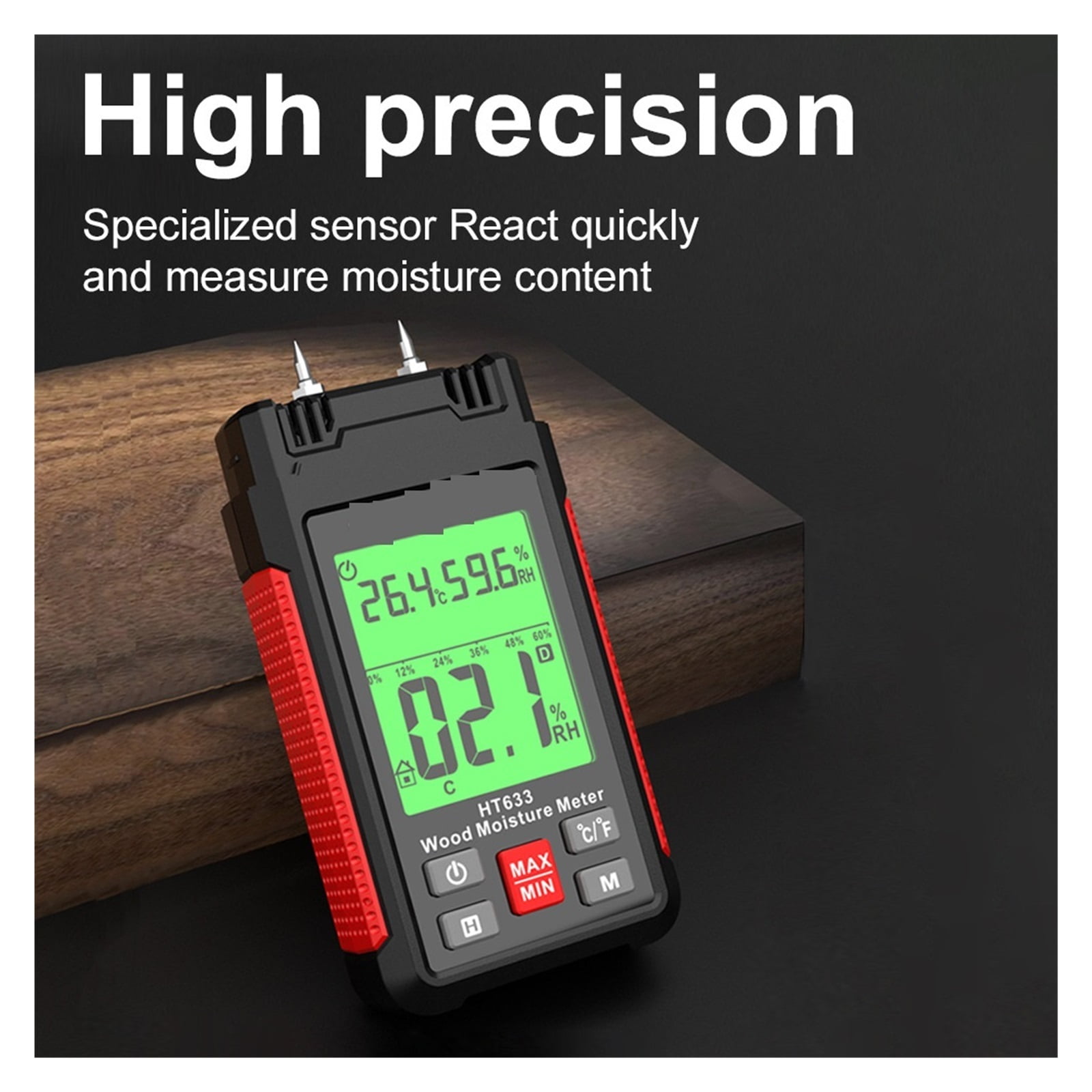 HT633 Digital Moisture Meter Wood Humidity Tester Hygrometer 0~57% Timber Damp Detector LCD Display ,Easy to Operate