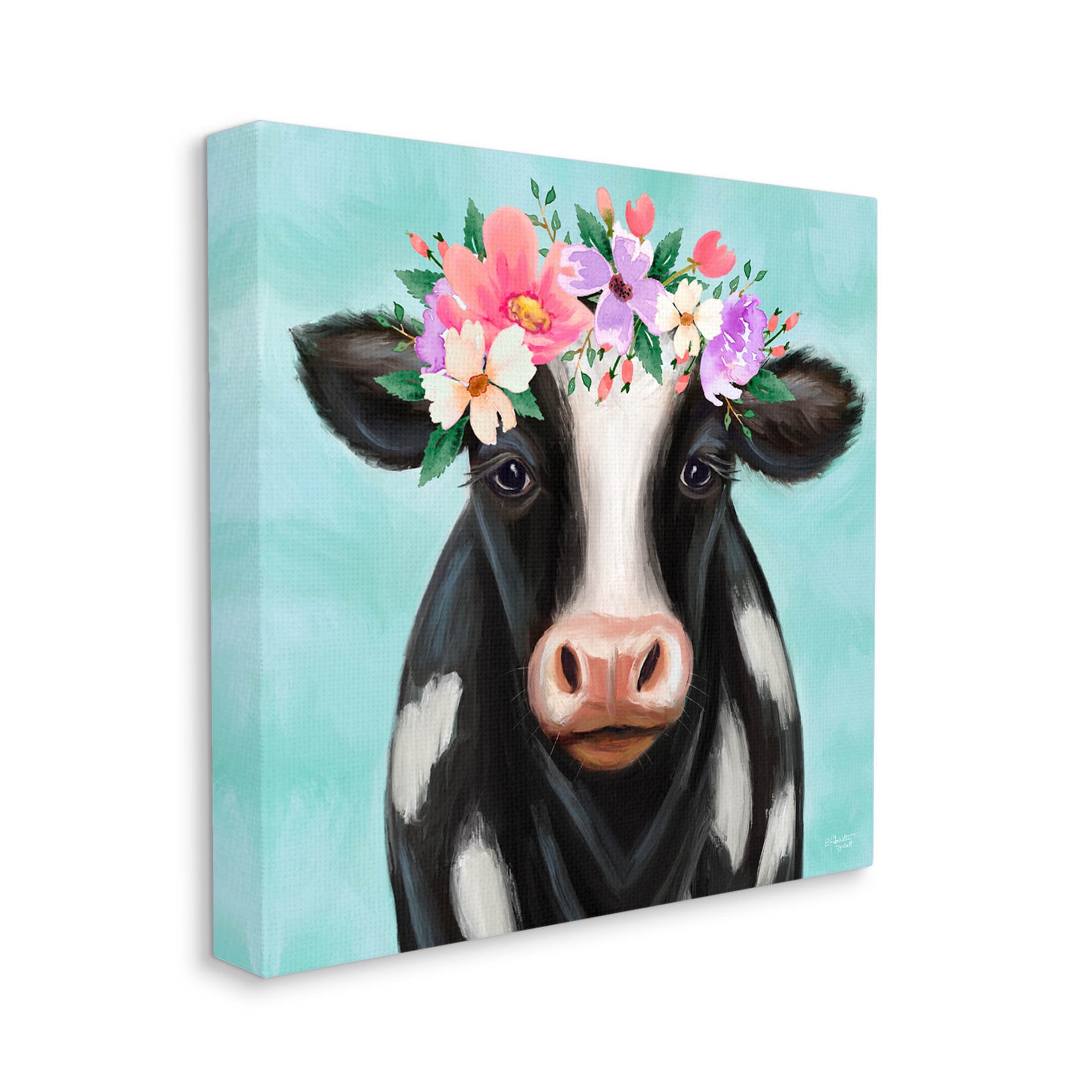 Stupell Industries Farm Cow Floral Turquoise Blossoms Painting Gallery Wrapped Canvas Print Wall Art, Design by Elizabeth Tyndall