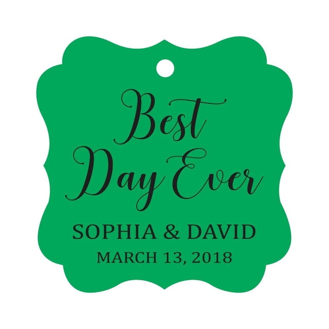 Darling Souvenir Personalized Fancy Frame Wedding Gift Tags 'Best Day Ever' Custom Name & Date Favor Hang Tags-Green-100 Tags