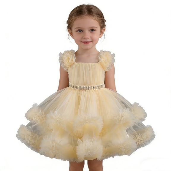 XUELUO Toddler Girls Tulle Princess Dress Puff Shoulder Ruffled Floral Dress Pearl Waistband Holiday Fluffy Party Skirts