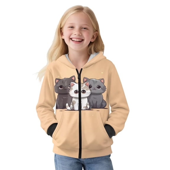 Yuyamidu Cat Hoodie for Girls 6-7 Cute Fleece Zip Up Jacket Lightweight Athletic Hooded Sweatshirt Soft Warm Winter Clothes School Outdoor Workout Outfits Light Brown