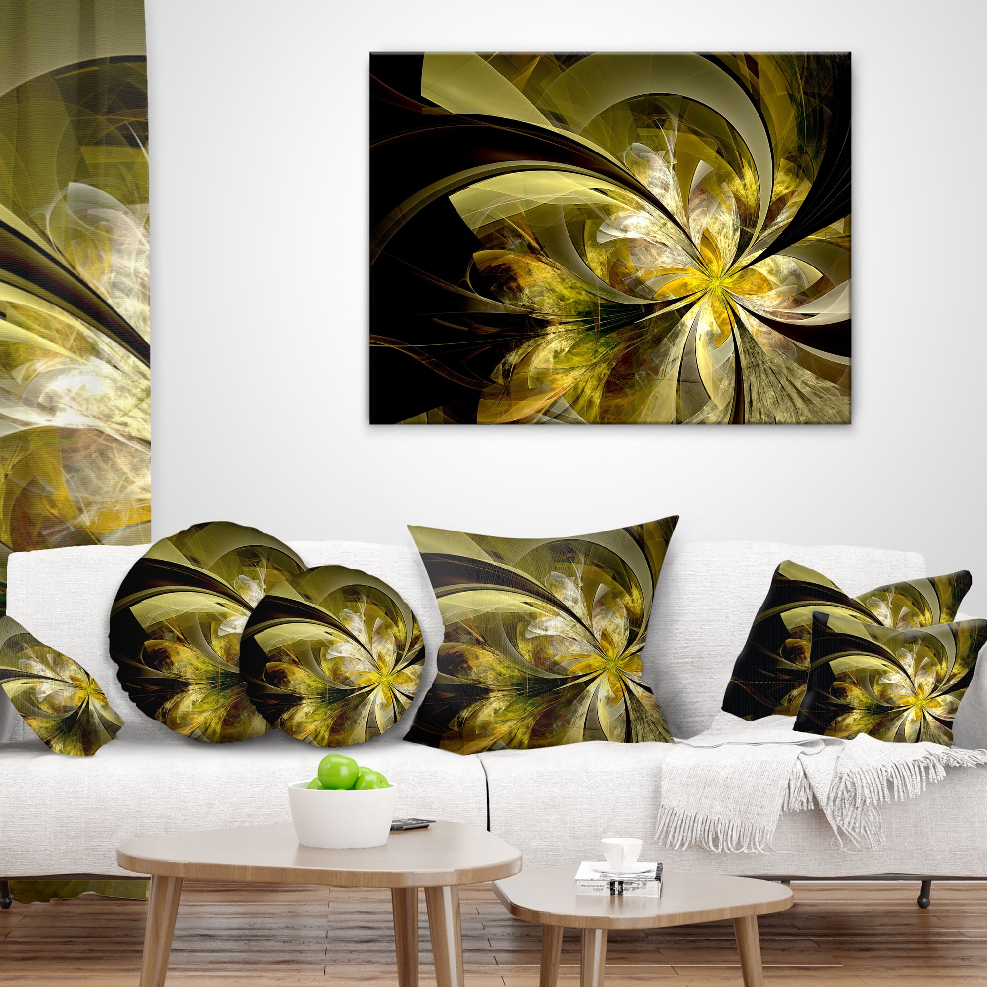 Designart Bright Golden Fractal Flower Design - Floral Throw Pillow - 16x16