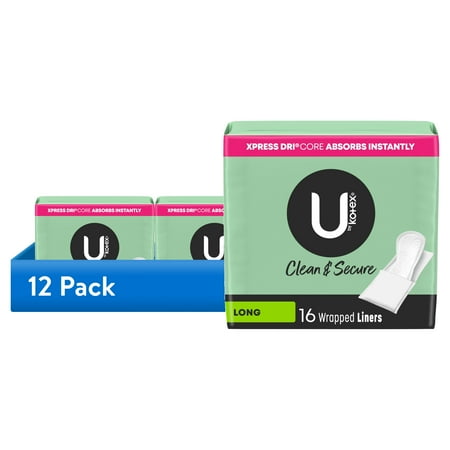 (12 pack) U by Kotex Clean & Secure Wrapped Panty Liners, Light Absorbency, Long Length, 16 Count