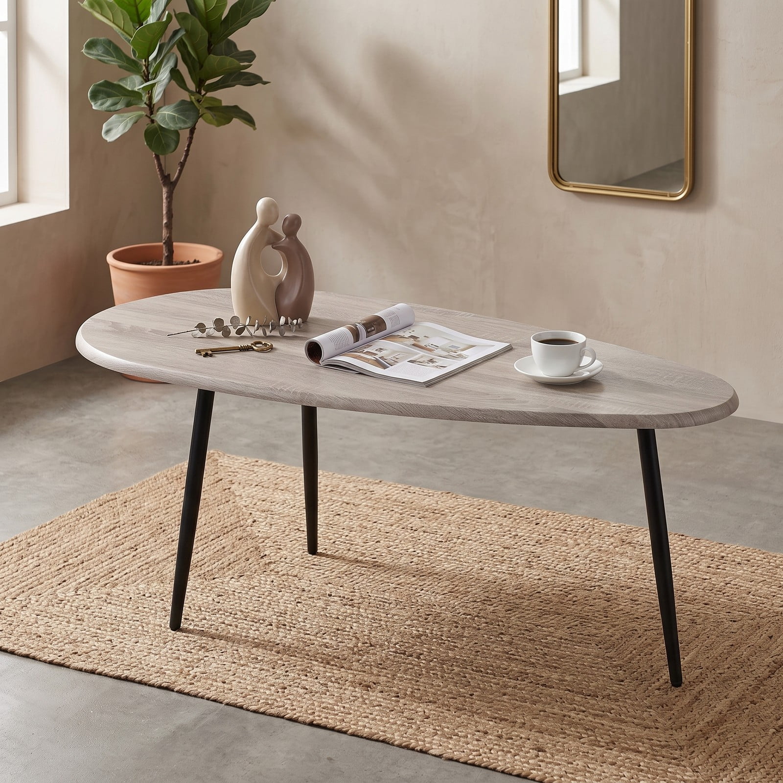Furnibear Oval Coffee Table Mid Century Center Table with Sturdy Metal Frame, Open Storage Shelf & Adjustable Foot Pads for Living Room, Hallway & Lounge, Gray