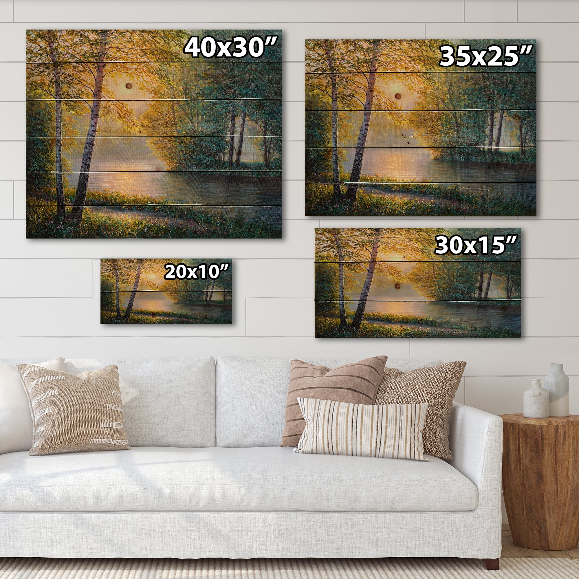 Designart 'Sunrise Summer With Beautiful River Spring Forest' Lake House Print on Natural Pine Wood