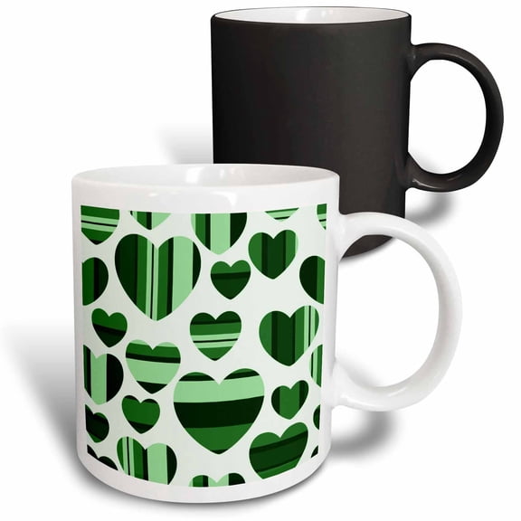 3drose, Green and Cream Large and Small Striped Hearts, 11oz Magic Transforming Mug