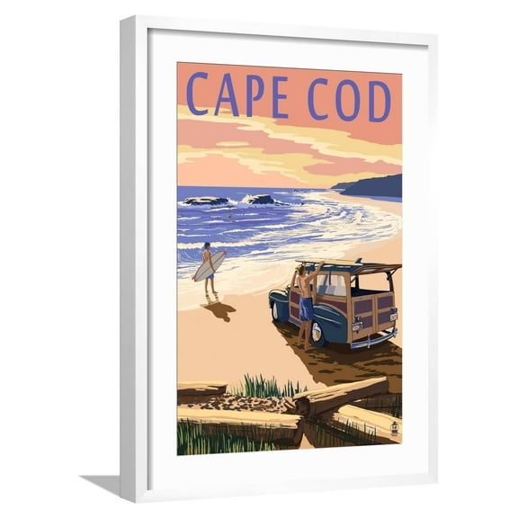 Art.com Cape Cod, Massachusetts - Woody on Beach Art Print by Lantern Press, White Frame Wall Art, 21" x 29"