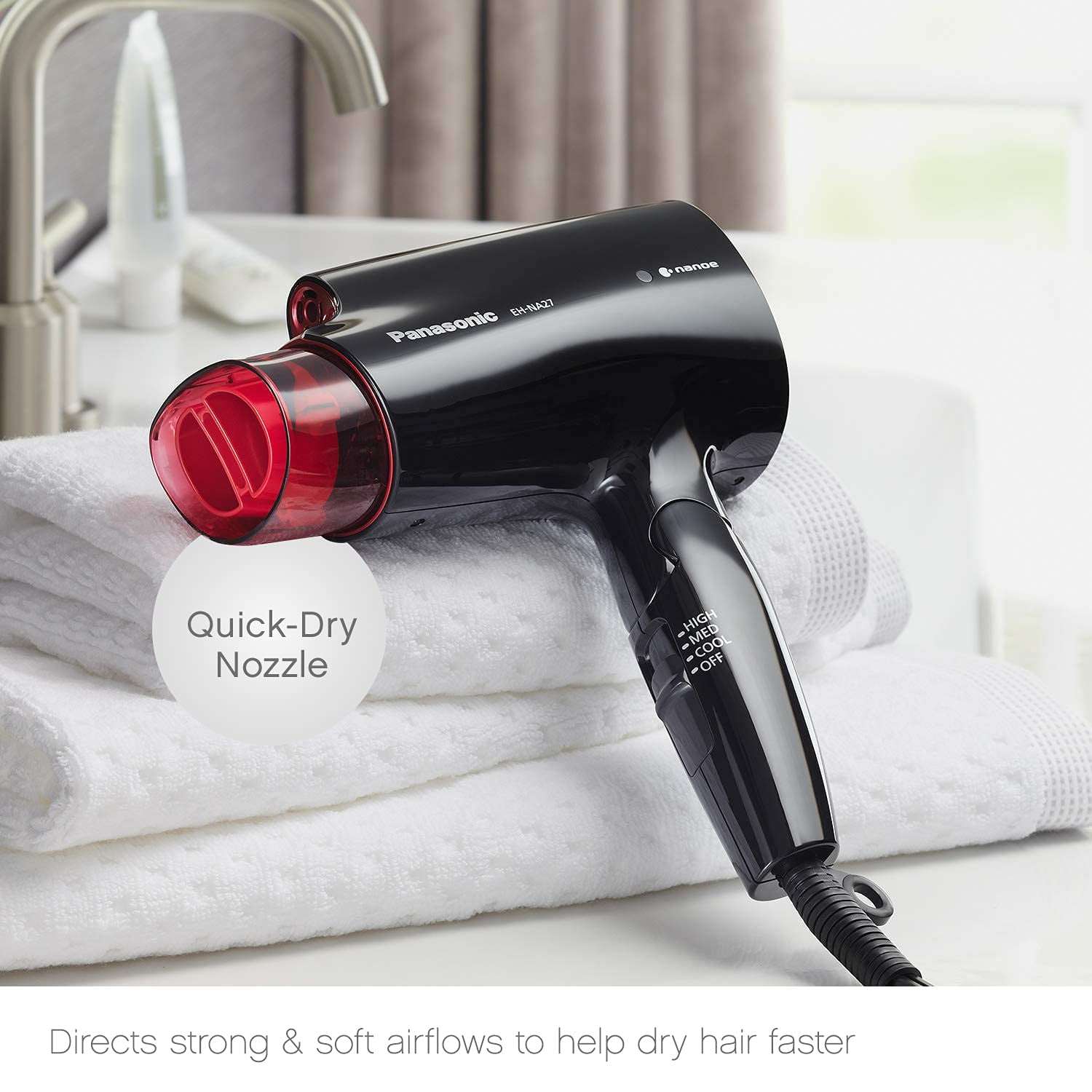 Panasonic nanoe Compact Hair Dryer for Healthy-Looking Hair, 1400W Portable Hair Dryer with Folding Handling and QuickDry Nozzle for Fast Drying - EH-NA27-K (Black/Pink)