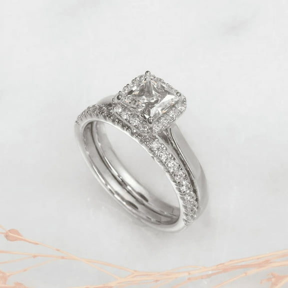 Princess Cut 1.25CT Halo Bridal Ring Set in 925 Sterling Silver- 2 Pcs Half Eternity Matching Band