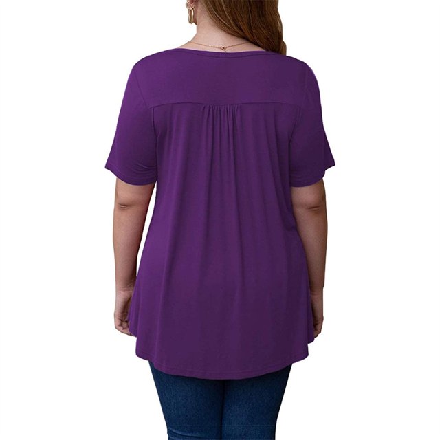 Qarigey Camiseta de mujer Túnica plisada Top Cuello Manga corta Blusa de encaje de encaje de manga corta Prendas para la parte del cuerpo Violeta S