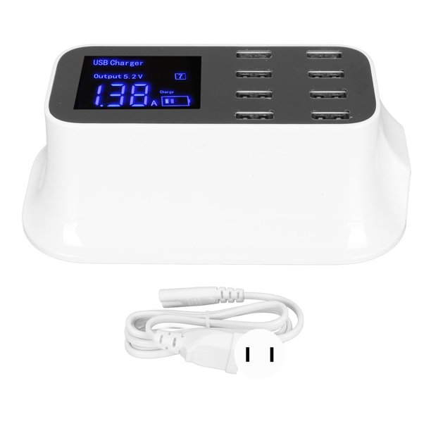 Estación de carga USB de 8 puertos Puerto de carga rápida Estación de carga USB con pantalla LED para múltiples dispositivos Teléfonos inteligentes Tabletas 100-240 V Enchufe de EE. UU.