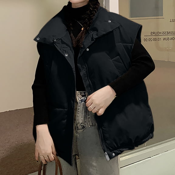 Fartey Plus Size Womens Winter Puffer Vest Oversized Quilted Stand Collar Zip Up Padded Gilet Coat with Pockets Solid Color Sleeveless Warm Coats