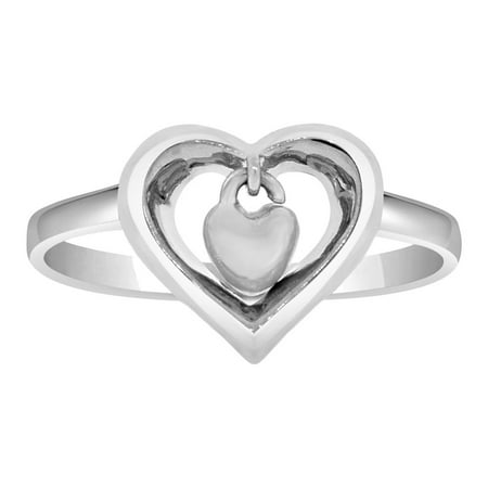 Double Dangling Heart Sterling Silver White Rhodium, Double Heart Design Ring Dangling Heart Within a Heart ()