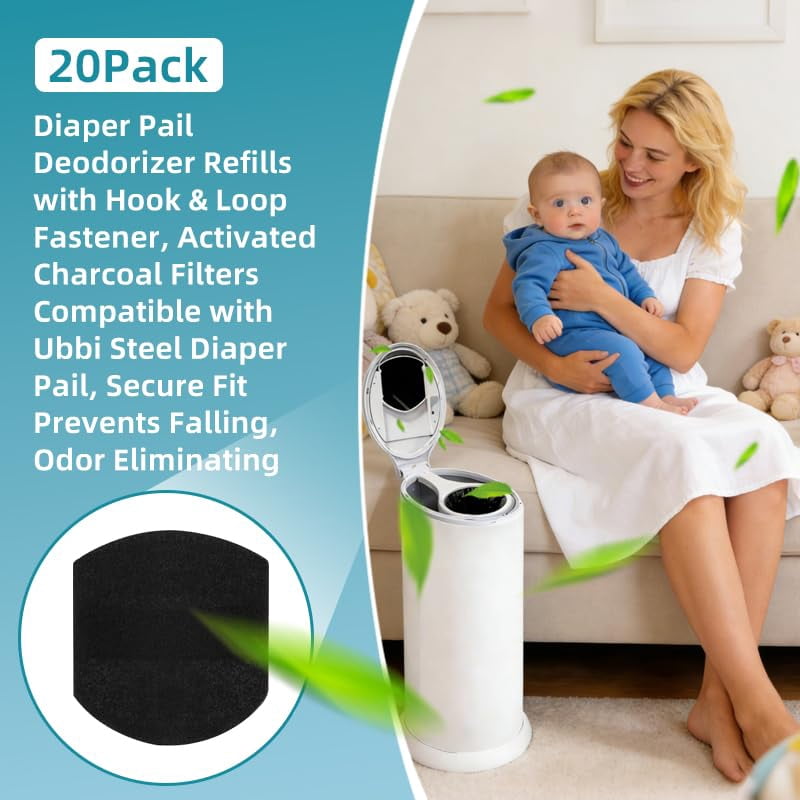 20 Pack Activated Carbon Filter Refills with Adhesive Backing for Ubbi Diaper Pail, Diaper Pail Deodorizer Odor Eliminator, Natural Charcoal Odor Absorber for Nursery, Triple Strength Mode