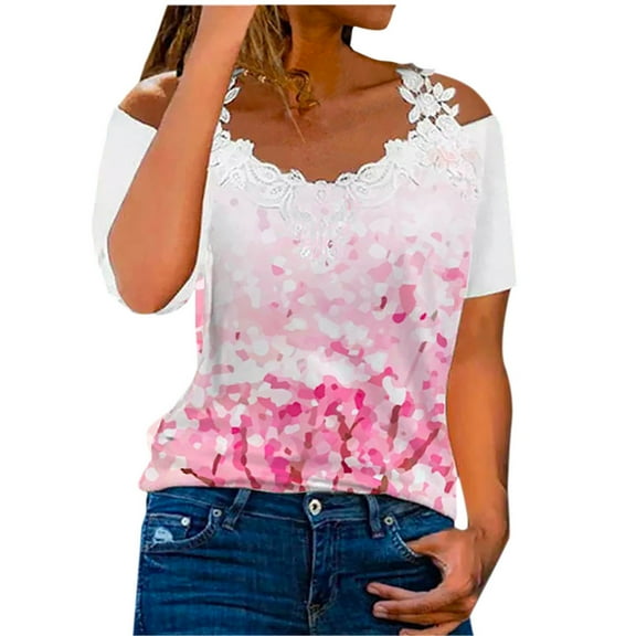 USSUMA Women's Lace Trim Cold Shoulder Tunic Tops Casual Short Sleeve V Neck Blouse Tops Summer Sexy Floral Print Shirts Tee