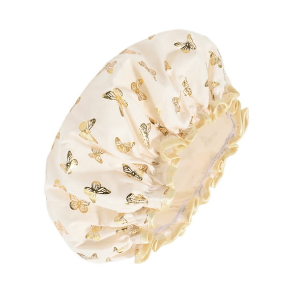 1 Pc Women Double Layer Gilded Butterfly Shower Cap for Bathroom Vacation Beige Polyester Cotton PEVA
