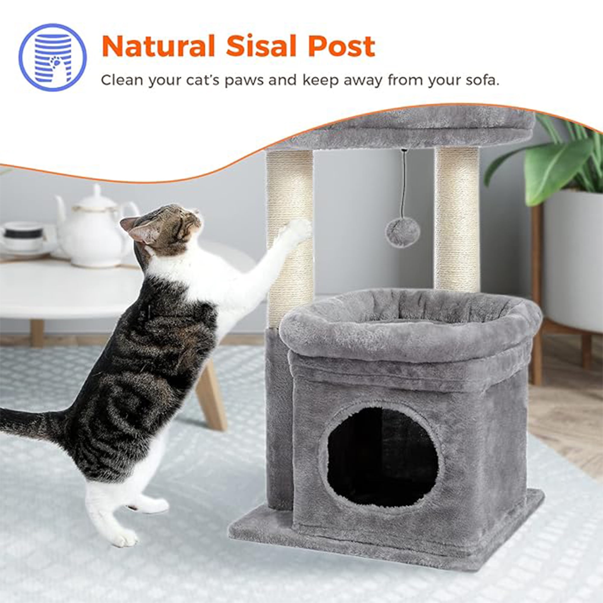 Kadyn 27" Cat Tree Tower for Indoor Cats with Private Cozy Cat Condo, Natural Sisal Scratching Posts and Plush Pom-pom for Small Cats, Gray