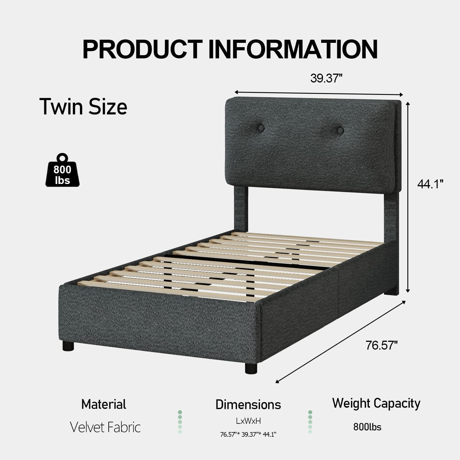 4 EVER WINNER Twin Bed Frame, Twin Size Bed Frame with Headboard, Boucle Bed Frame with Removable Pillow Upholstery, No Box Spring Required, Easy Assembly, Dark Grey