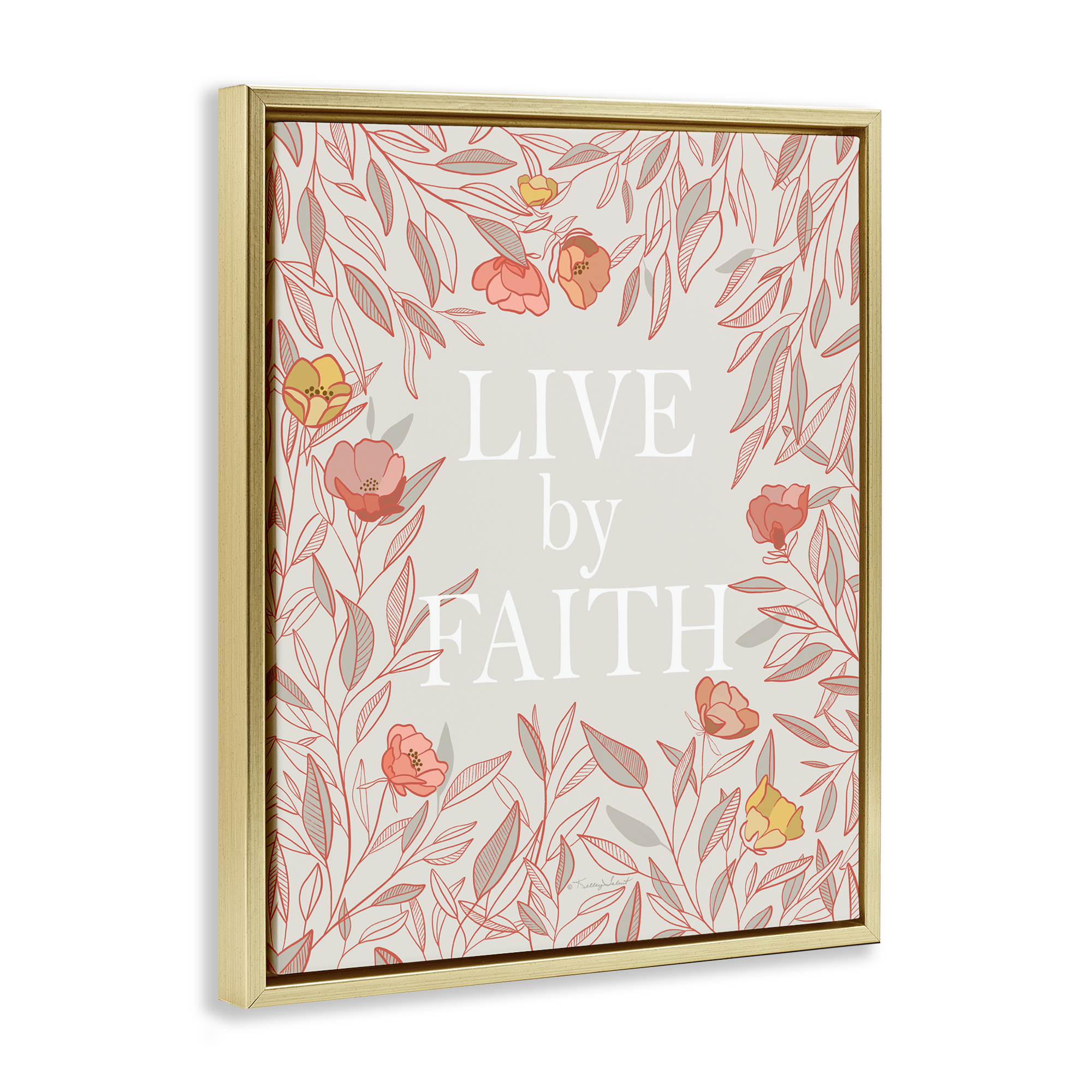 Live By Faith Rosy Florals Gold Framed Floater Canvas Wall Art, design by Kelley Talent