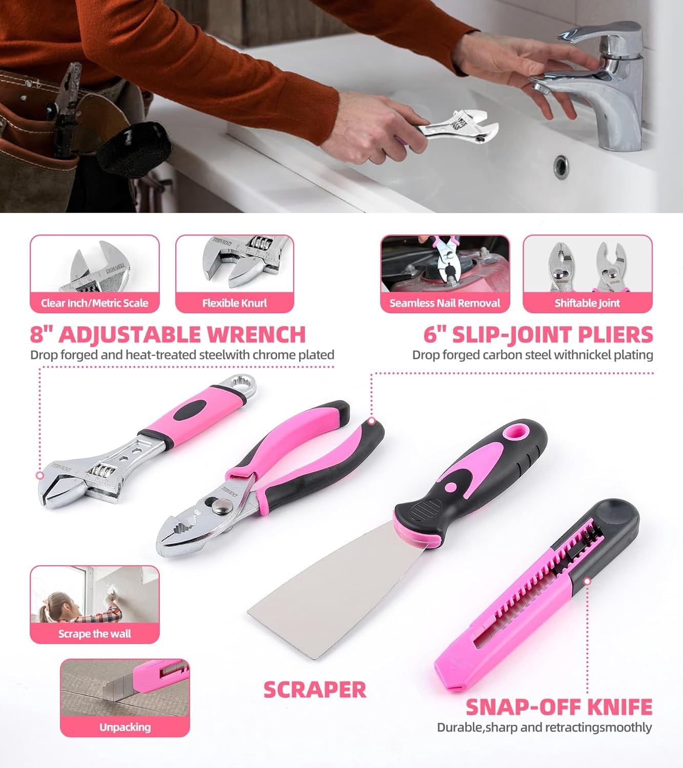 DOWELL 143-Piece Pink Homeowner Tool Set with 3.6V Cordless Screwdriver, Household Hand Tool Kit