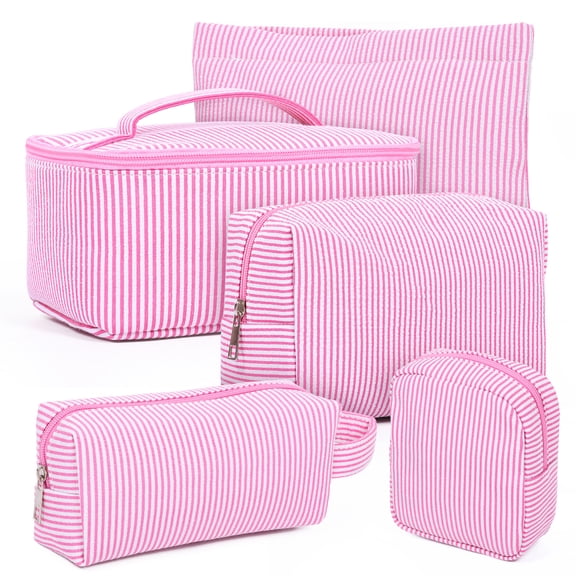 5 Pcs Makeup Bag Set Cute Cosmetic Pouch for Women Seersucker Travel Purse Pouch Aesthetic Skincare Brushes Storage Organizer for Valentine Women(Pink)