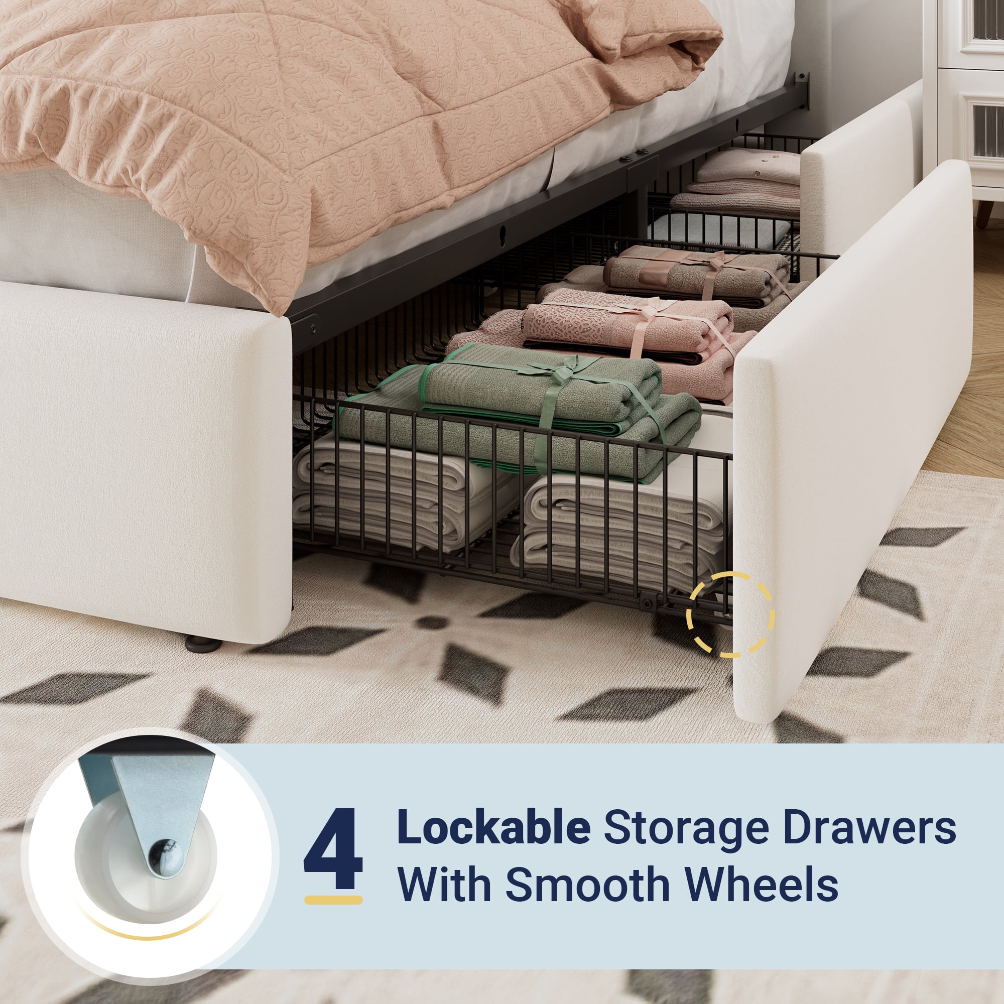 Allewie King Size Storage Bed Frame,Adjustable Headboard, Velvet Upholstered Platform Bed with 4 Oversized Underbed Drawers, Wooden Slats Support, No Box Spring Needed, White