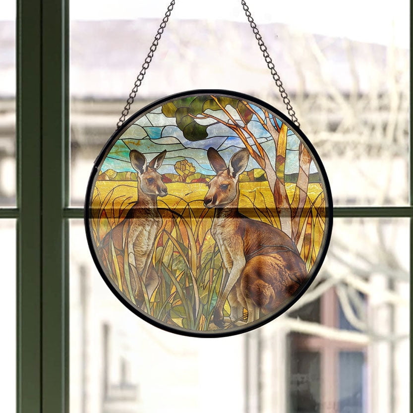 Hanging Stained Glass for Windows Curious Kangaroos, Mother’s Day Keepsake, Valentine’s Day Decor, Festival Gift Ornament, Christmas Ornament Gift, Keepsake 2025