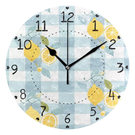 Lemon Leaves Blue-white Plaid Round Wall Clock Silent Analog Battery Operated Black Pointer Home Decor 9.84" Diameter