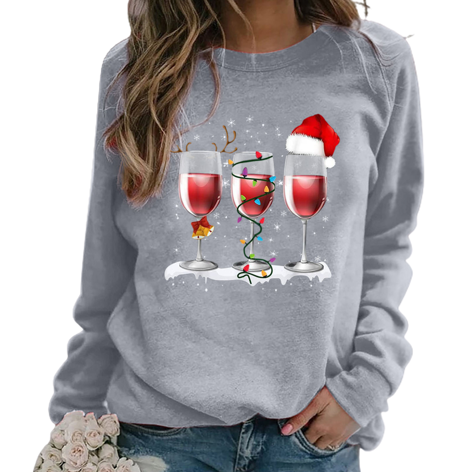 christmas wine glass print sweatshirt