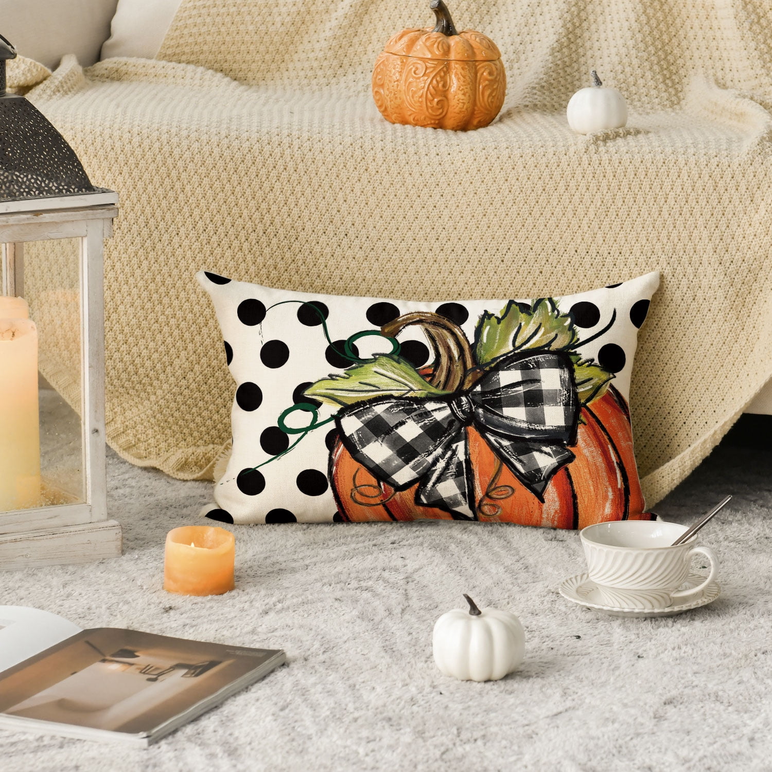 AVOIN Halloween Pumpkin Cat Boo Pillow Cover - 12x20 Inch Throw Pillow Case For Sofa, Farmhouse Decor