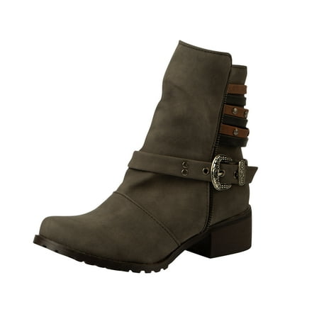 

jsaierl Women s Vintage Patchwork Leather Belt Buckle Round Toe Low Heel Zipper Ankle Boots