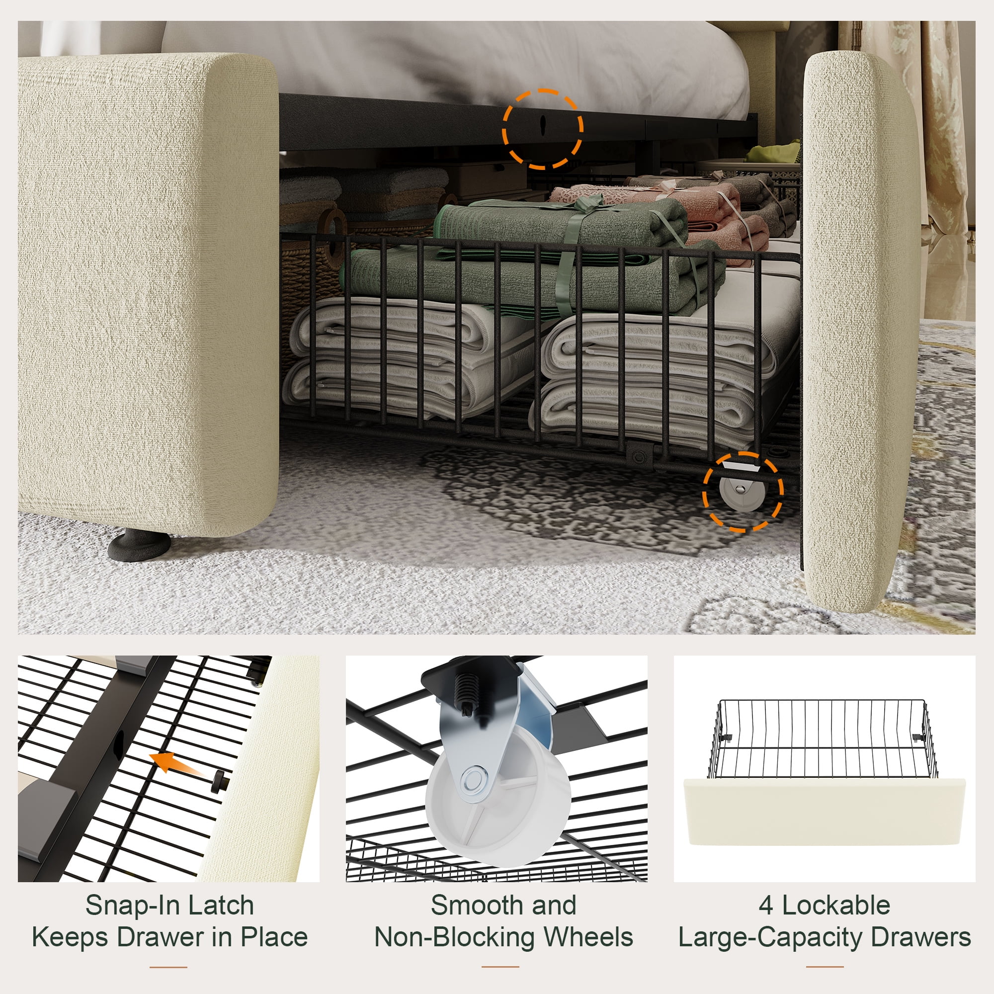 Amolife Full Size Bed Frame, Platform Bed with Adjustable Velvet-Wrapped Headboard and 4 Storage Drawers, No Box Spring Required, Cream White