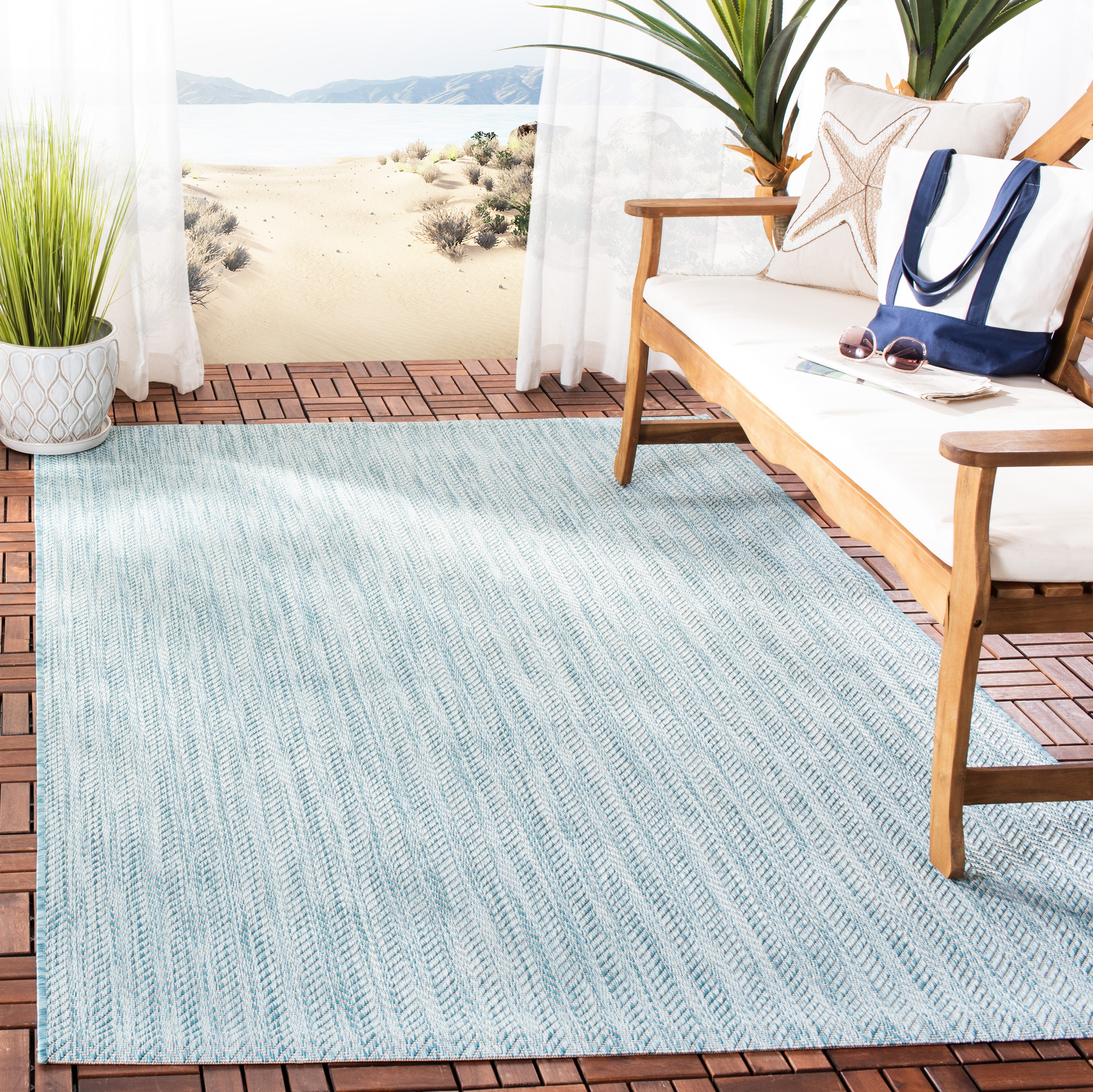 SAFAVIEH Courtyard Morven Chevron Stripes Indoor/Outdoor Area Rug, 6'7" x 9'6", Aqua/Grey